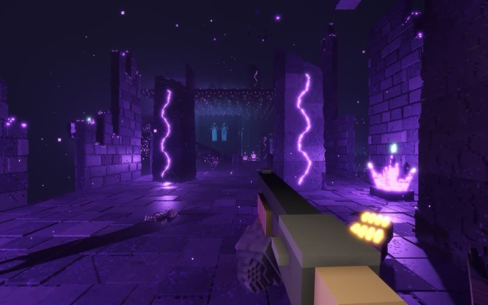 The Unmoored Cathedral under a violet starfield