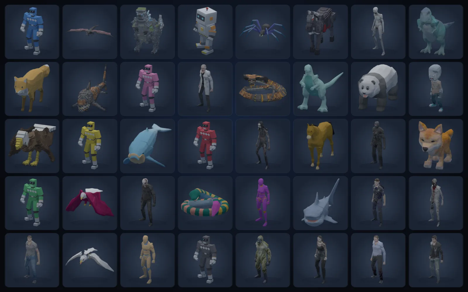 A grid of rigged voxel characters: people, robots, monsters, a dragon, a T. rex, a horse, a shark and a panda