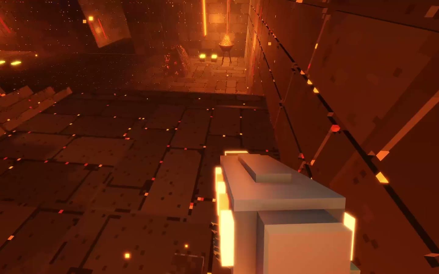 The ember gun’s bolts blowing an invader apart in a lava hall