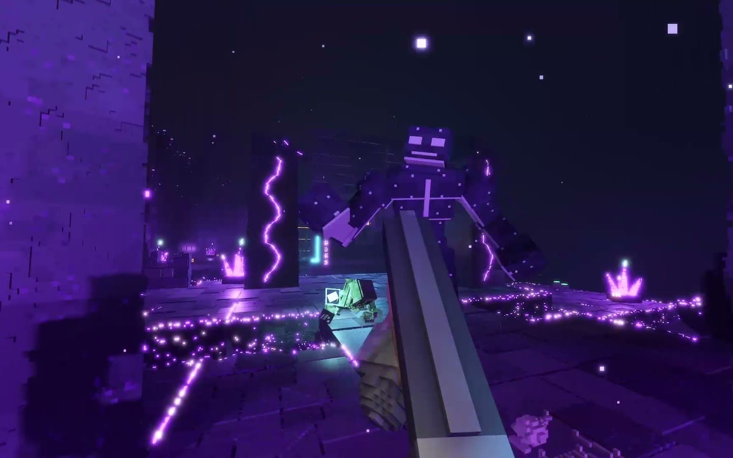 The Unmoored Cathedral’s ruins glowing violet under a starfield