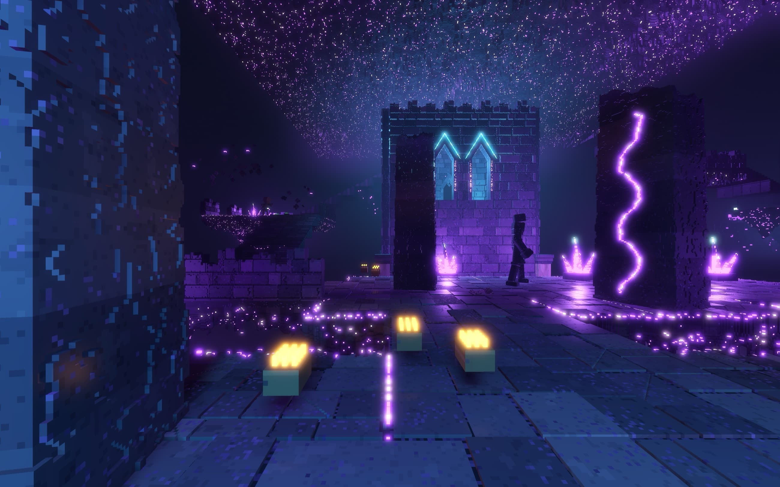 The Unmoored Cathedral in VOXEN: a violet-lit chapel, a lightning pillar and an invader under a sky of falling stars