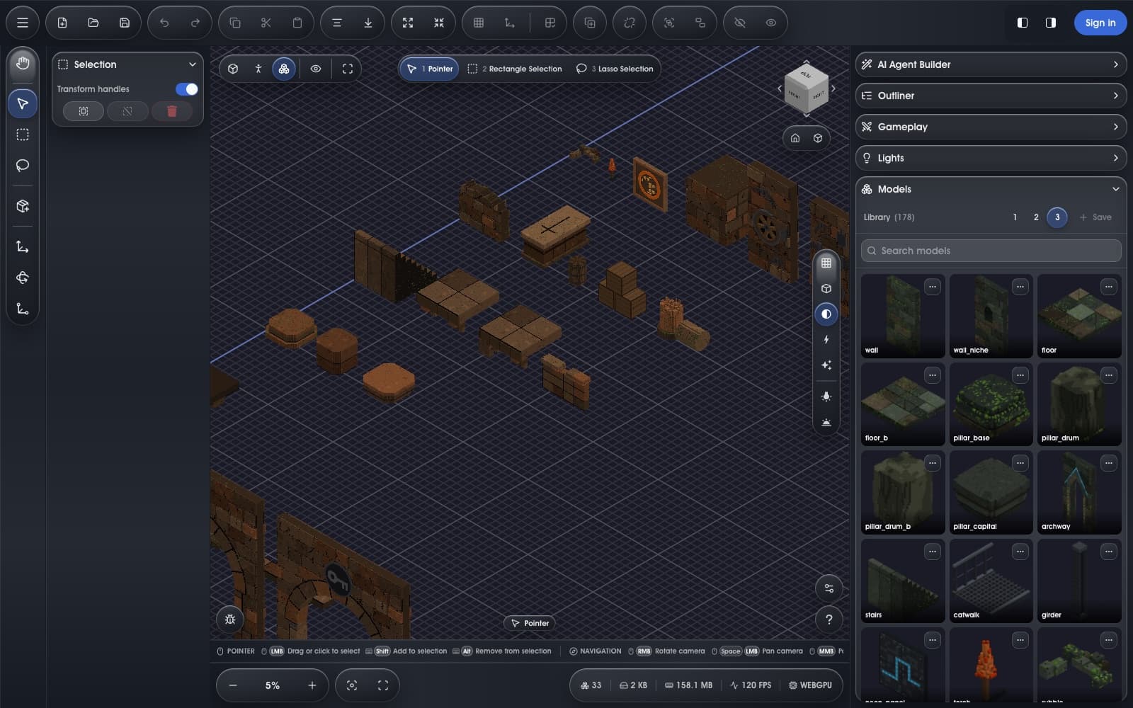 The Broken Keep's kit of crates, pillars and doors open in VoxiGen Studio