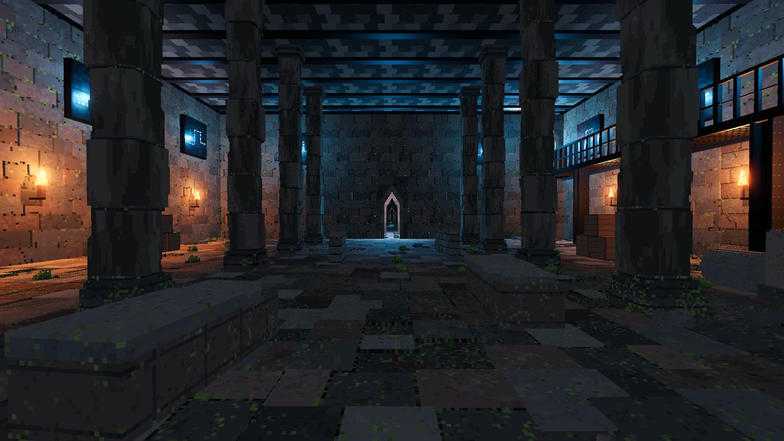A VOXEN level loaded by the importer in a plain Godot 4 project: a stone hall with pillars, torches and glowing panels